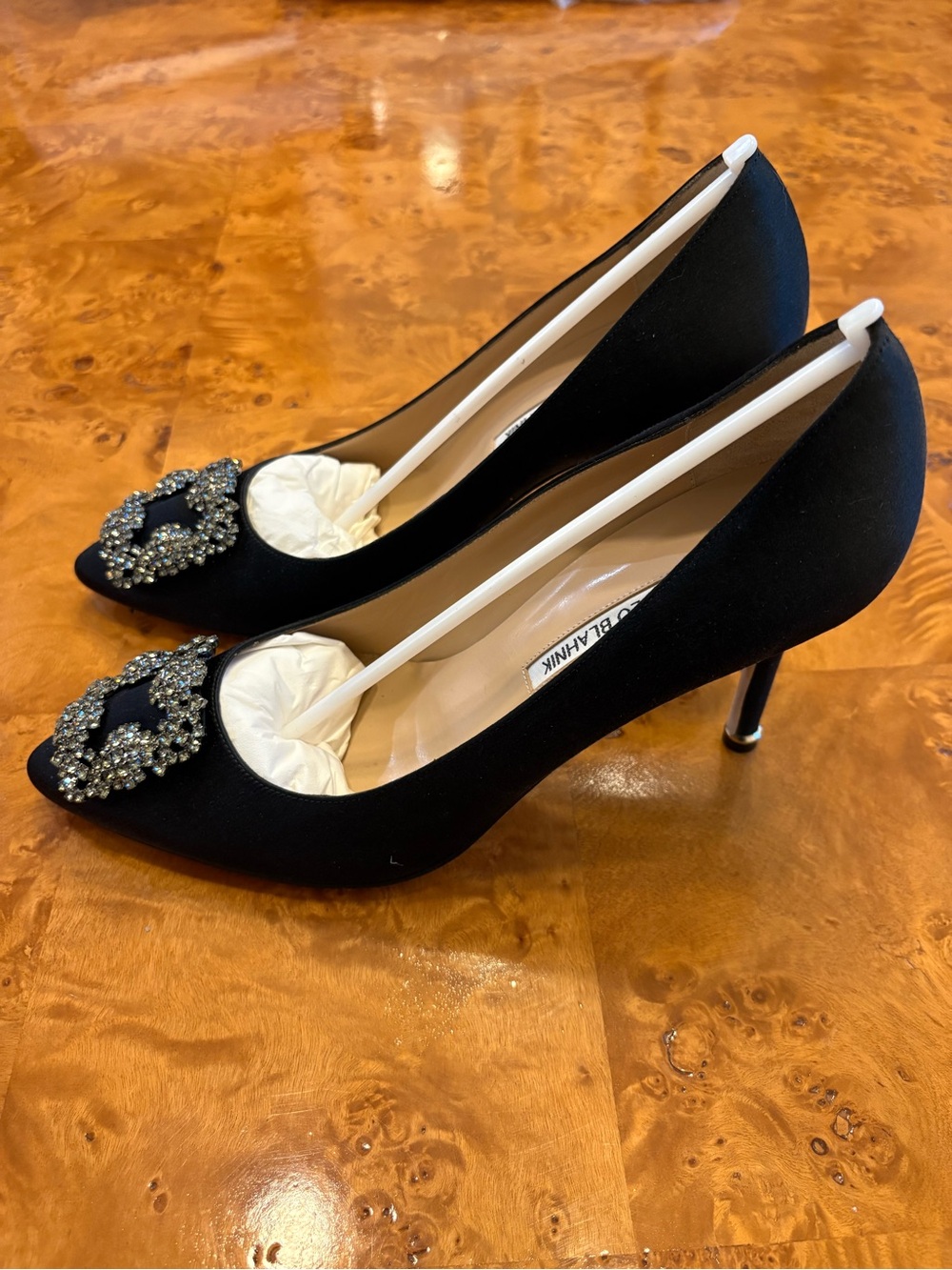 Manolo Blahnik Black Satin Crystal Buckle Pointed-Toe Pumps - Size 39, NWT